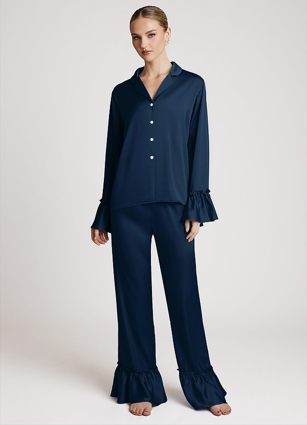 front Mørk Navy Let satin pyjamassæt med flæser