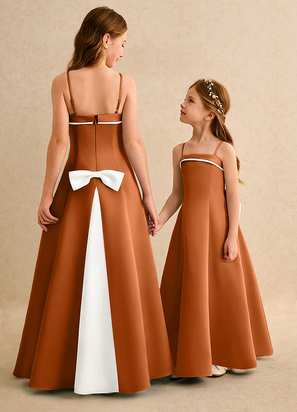 Azazie Izel Girls Formal Flower Girl Dresses Ivory Copper A-Line Pleated Matte Satin Dress image1