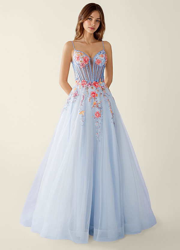 Yara Azzurro Polvere Abito da ballo in tulle con scollo a V, fiori e paillettes ricamati image1