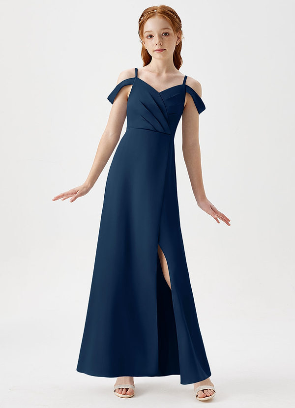 Azazie Ocean Junior Dark Navy A-Line Off the Shoulder Stretch Satin Dress image1