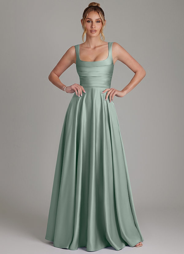 Azazie Azaria Brautjungfernkleider A-Linie Korsett Stretch-Satin Kleid Agave image1