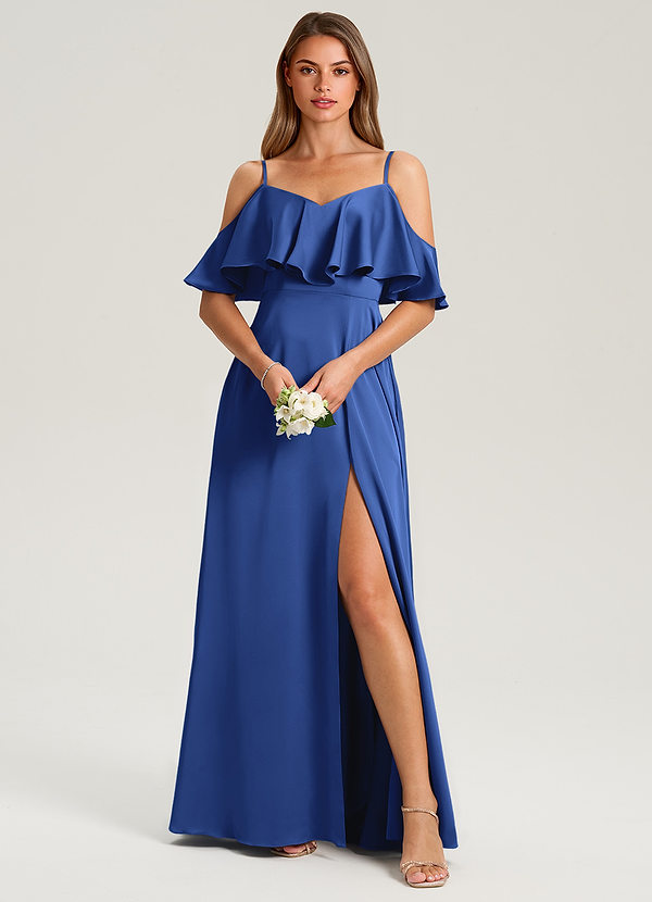 Azazie Jean Bridesmaid Dresses Royal Blue A-Line Off the Shoulder Stretch Satin Dress image1