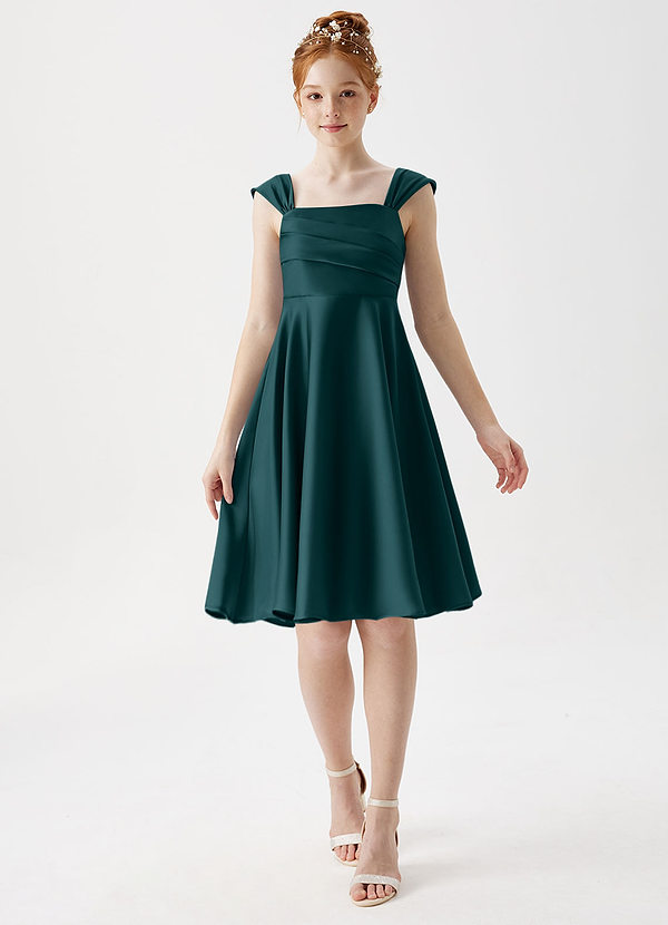 Azazie Amira Junior Pine A-Line Pleated Stretch Satin Dress image1
