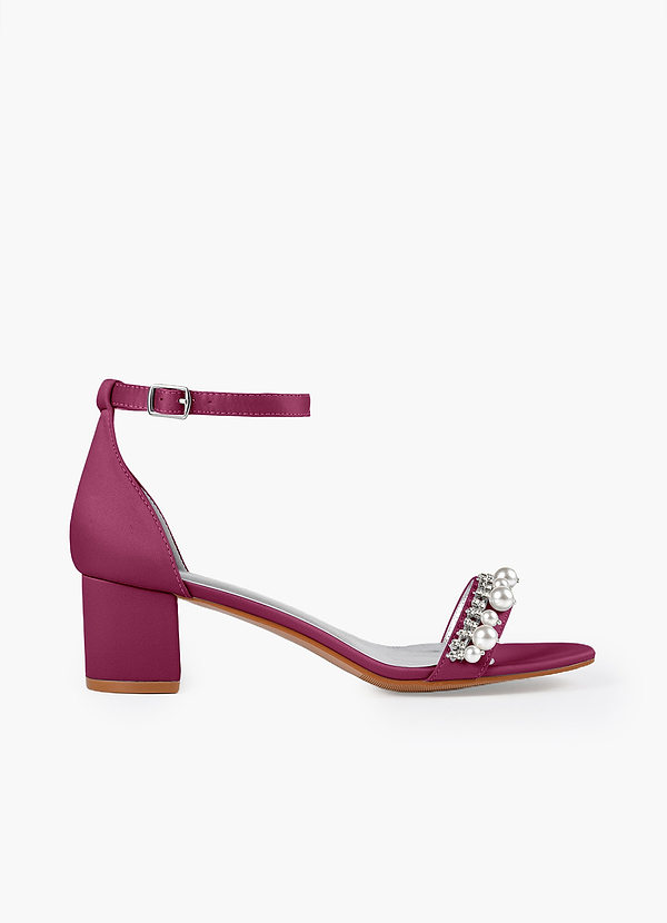 front Matching Color Matte Satin Pearl and Rhinestone Block Heel Sandals