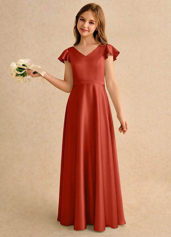 Azazie Nari Girls Formal Sukienki dla dziewczynek sypiących kwiaty Linia A z rękawami Satyna elastyczna Długość podłogi Sukienka image1