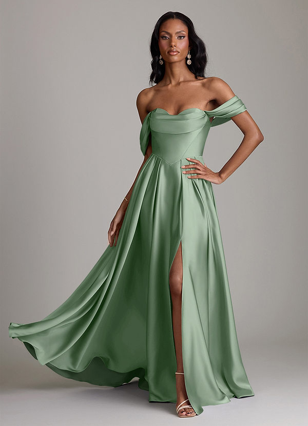 Azazie Loisa Bridesmaid Dresses Matcha A-Line Off the Shoulder Stretch Satin Dress image1