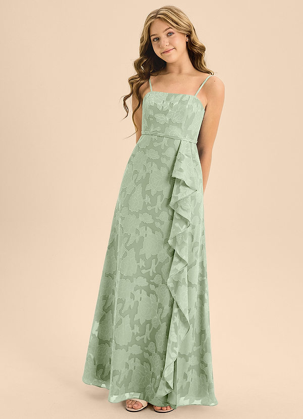 Azazie Kaylee Junior Dusty Sage A-Line with Belt Floral Burnout Dress image1