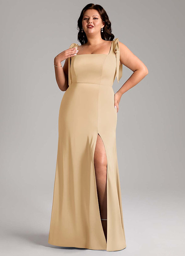 Azazie Frostine Bridesmaid Dresses Gold A-Line Bow Stretch Satin Dress image1