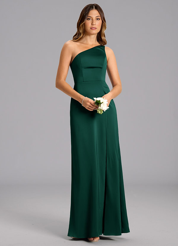 Azazie Feby Bridesmaid Dresses Emerald A-Line One Shoulder Stretch Satin Dress image1