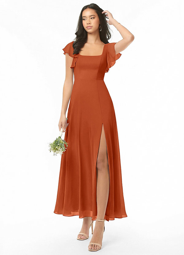 Azazie Bondi Abiti da Damigella Abito A-Line in Chiffon Increspato Arancia Bruciata image1