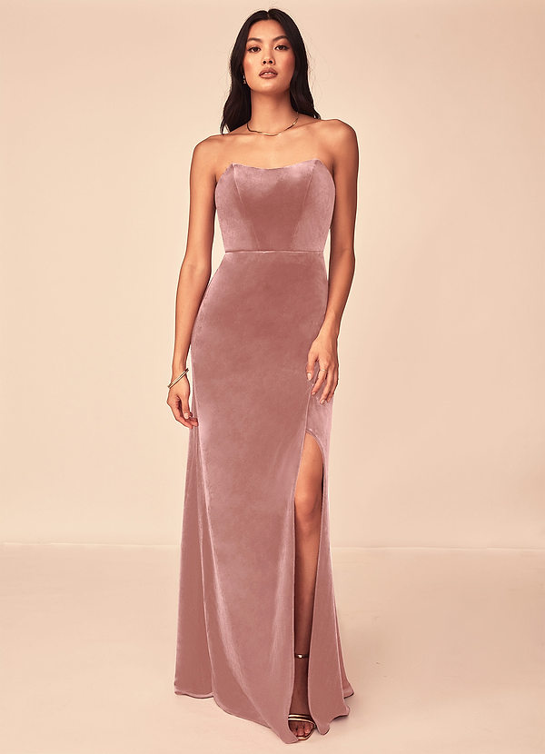 Azazie Nereda Robes Demoiselle d'honneur Robe Trapèze Convertible en velours Sans bretelle Rose Poussiéreuse image1
