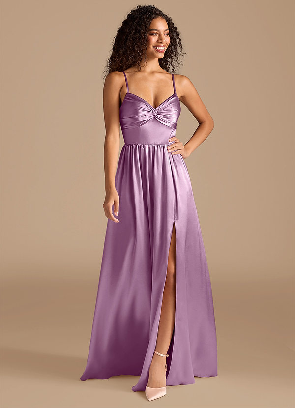 Azazie Zeya Brautjungfernkleider A-Linie Plissee Metallischer Satin Kleid Blauregen image1