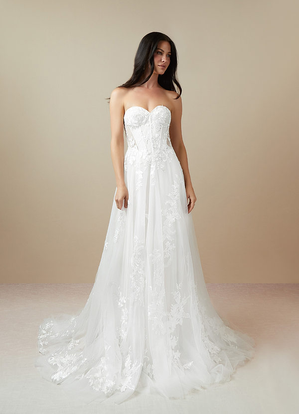 Azazie Aurorie Wedding Dresses A-Line Sequins Tulle Chapel Train Dress image1
