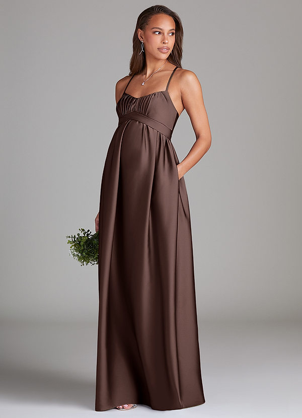 Azazie Llana Maternity Bridesmaid Dresses A-Line Stretch Satin Floor-Length Dress with Pockets image1