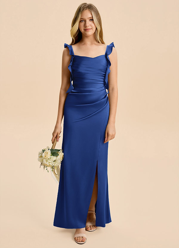Azazie Jessamine Junior Royal Blue A-Line Ruched Stretch Satin Dress image1
