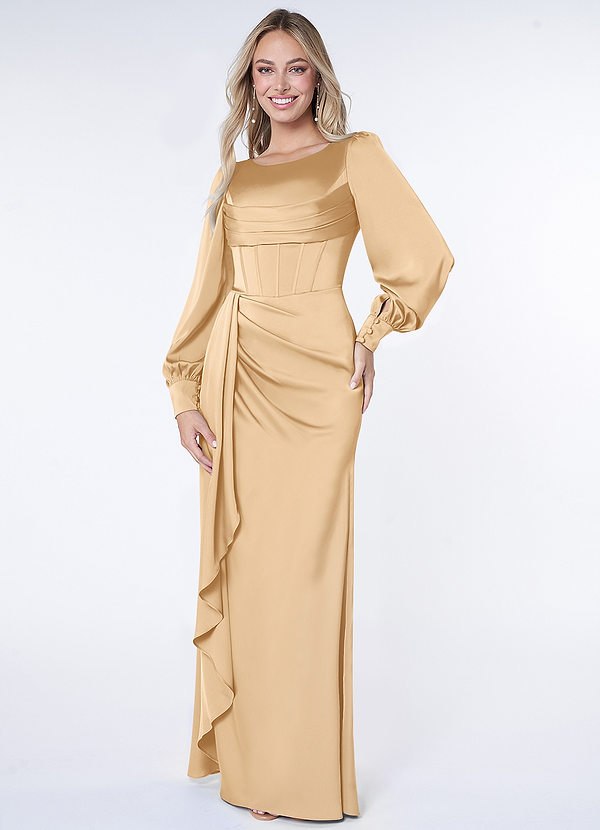 Azazie Raye Robes Demoiselle d'honneur Robe Sirène en Satin extensible Manche longue Or image1
