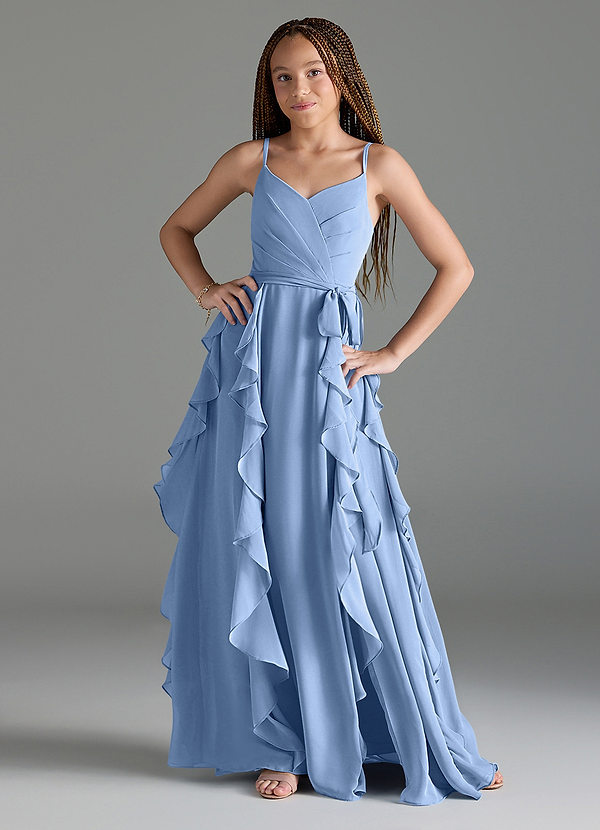Azazie Peyton Steel Blue A-Line V-Neck Cascading Ruffles Chiffon Dress image1