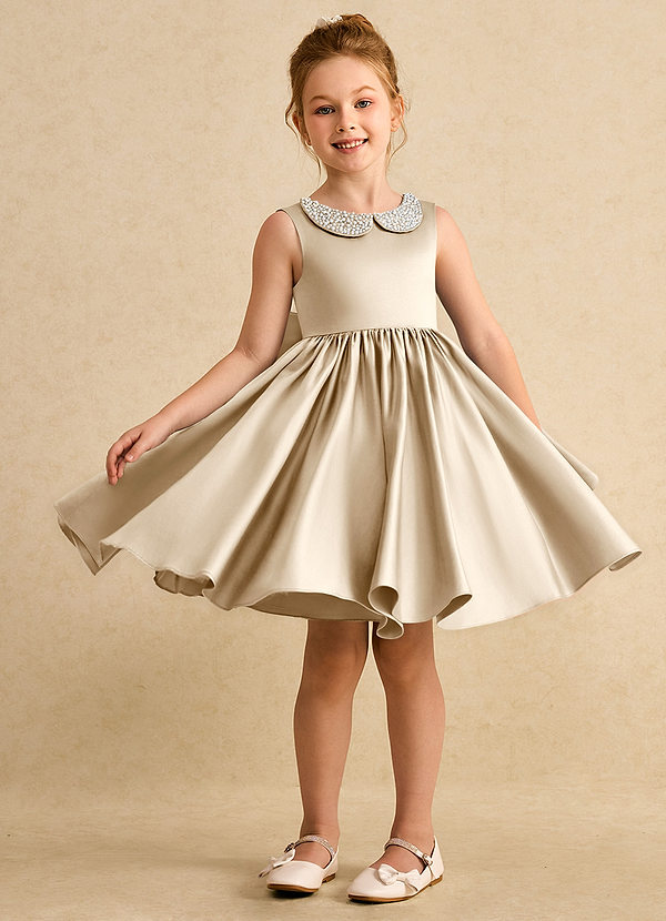 Azazie Chickpea Flower Girl Dresses Champagne A-Line Bow Matte Satin Dress image1