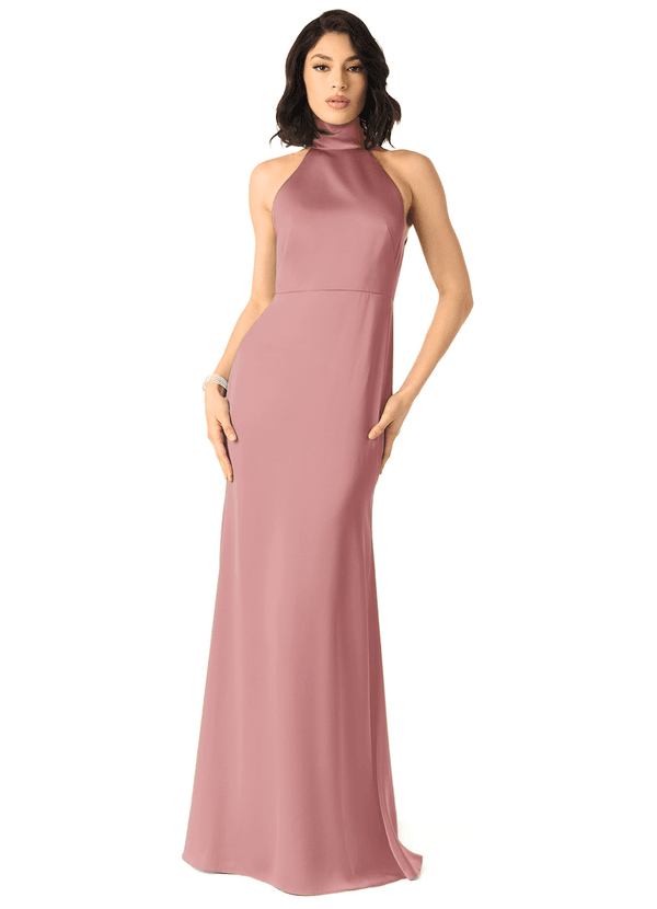 Azazie x Delaney Abiti da Damigella Abito Tubino in Raso Elasticizzato Collo Alto Rosa Polverosa image1