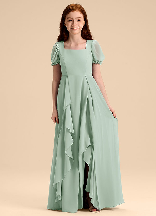 Azazie Priya Junior Abito A-Line in Chiffon Blusa Agave image1