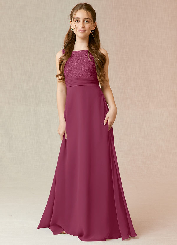 Azazie Snow Junior Linia A Koronka Szyfon Długość podłogi Młodsza druhna Sukienka image1