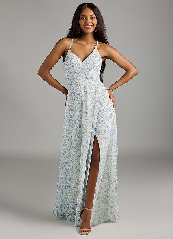 Azazie Davis Bridesmaid Dresses Blue And White Ditsy Floral A-Line V-Neck Chiffon Dress image1