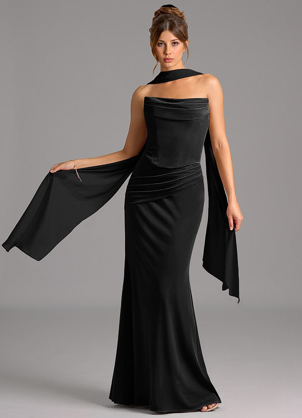Azazie Sorrel Robes Demoiselle d'honneur Robe Sirène Convertible en velours Corset Noir image1