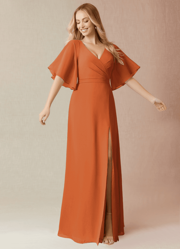 Azazie Cierra Bridesmaid Dresses Cinnamon A-Line V-Neck Chiffon Dress image1