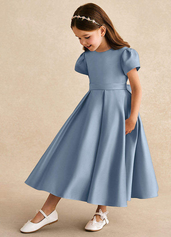 Azazie Princess Flower Girl Dresses Dusty Blue A-Line Pleated Matte Satin Dress image1
