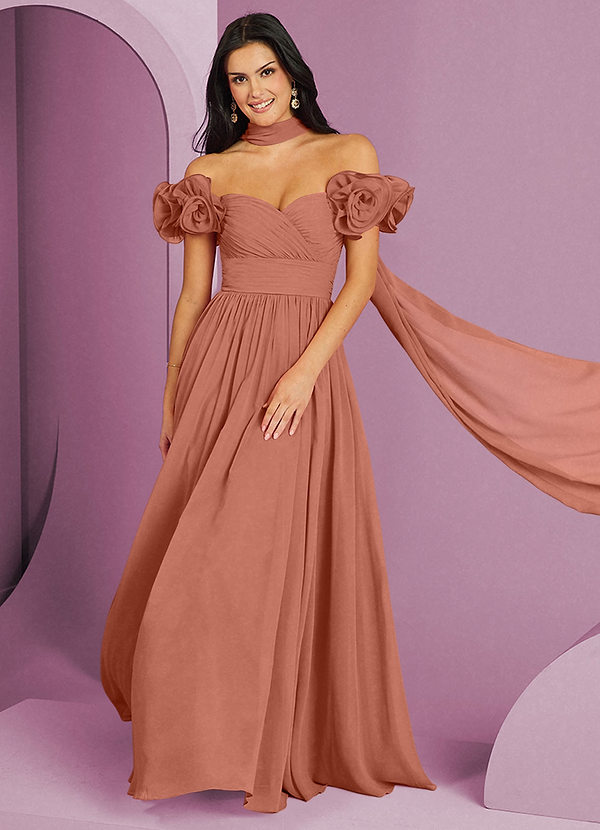 Barbie ♥ Azazie Suknie dla druhen Rozkloszowana sukienka z odkrytymi ramionami, falbaną i rozetkami image1