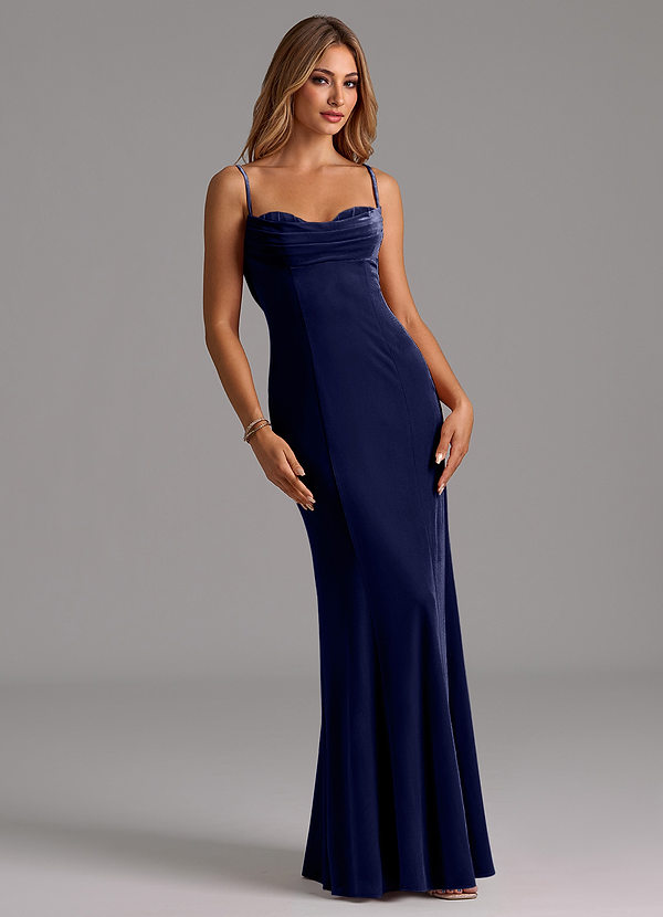 Azazie Karryn Vestidos Dama de Honor Vestido de Azul Marino Oscuro de terciopelo de Corte Sirena con Corsé image1