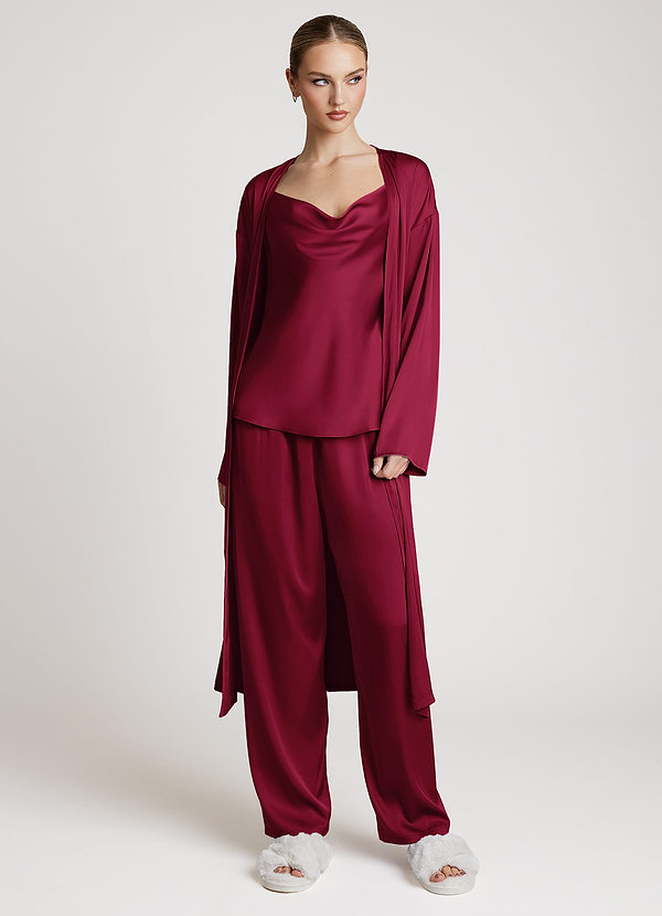 front Burgundy Satin Long Sleeves 3-Piece Loungewear Set