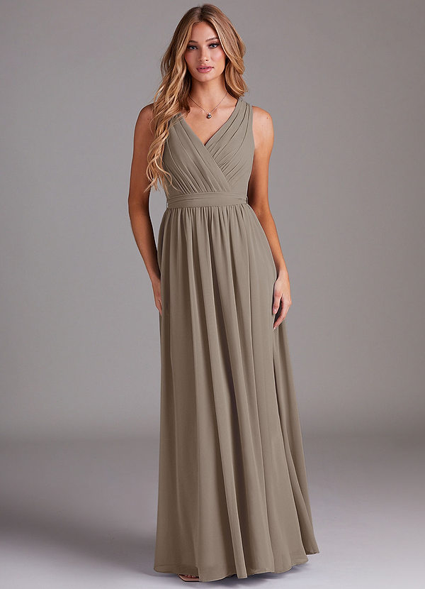 Azazie Kingsley Bridesmaid Dresses Taupe A-Line Lace Chiffon Dress image1