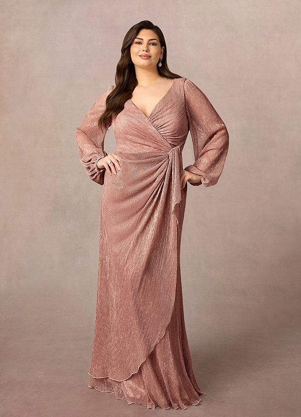 Azazie Sterling 신부의 어머니 드레스 A라인 셔링 메탈릭 메시 플로어 길이 드레스 image1