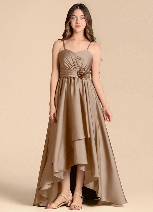 Azazie Catalina Junior Vestido de Gris Pardo de Satén Elástico de Corte en A con Escote de Corazón image1