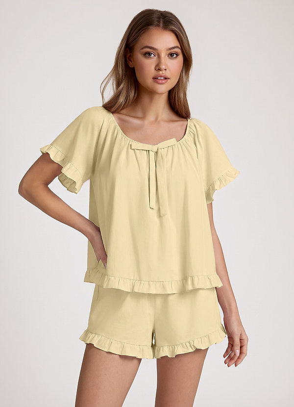 front Lemon Sorbet Ruffled Bow Short Sleeve Cotton Pajama Set