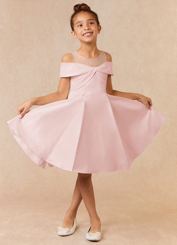 Azazie Shirin Flower Girl Dresses Blushing Pink A-Line Off the Shoulder Matte Satin Dress image1