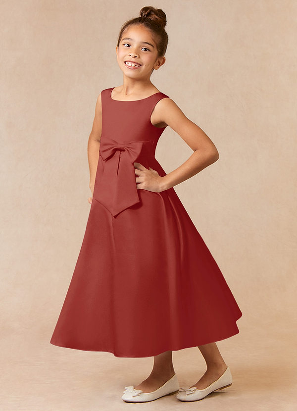 Azazie Lindy Flower Girl Dresses Terracotta A-Line Pleated Matte Satin Dress image1