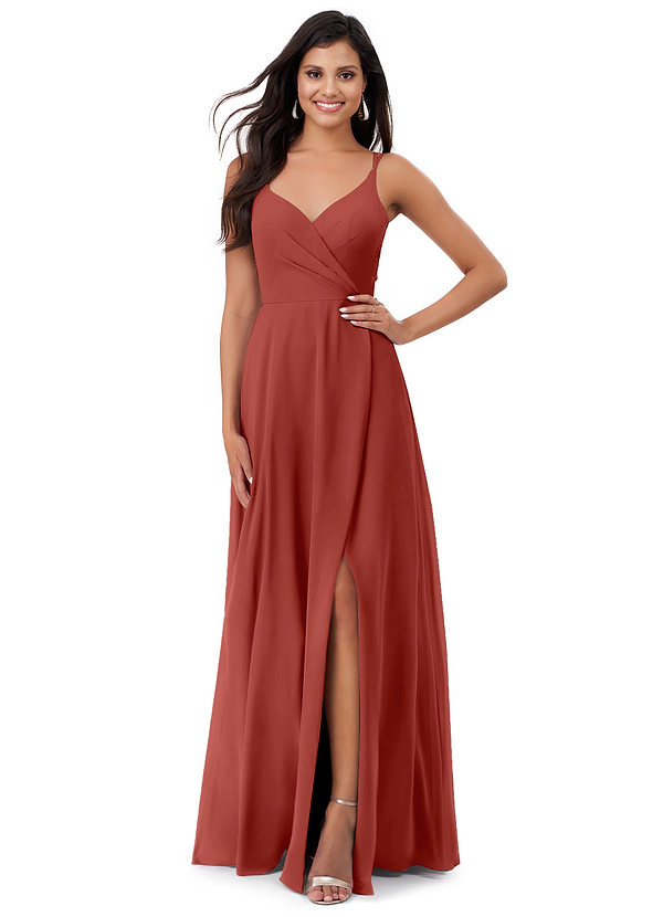 Azazie Lennon Robes Demoiselle d'honneur Robe Trapèze en Mousseline de soie Dentelle Terracotta image1