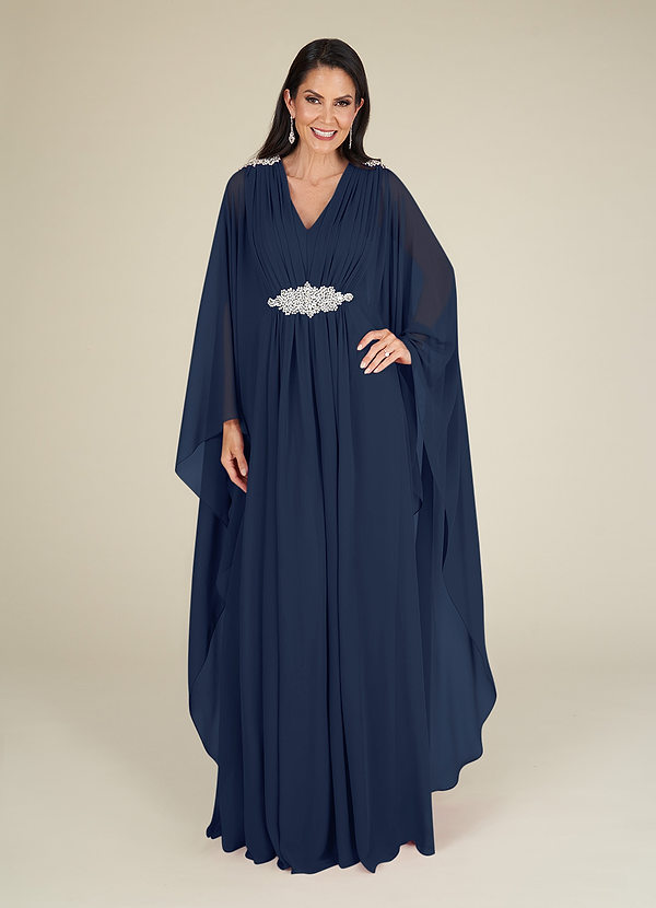 Dark Navy Azazie Drew A-Line Pleated Chiffon Floor-Length Dress | Azazie