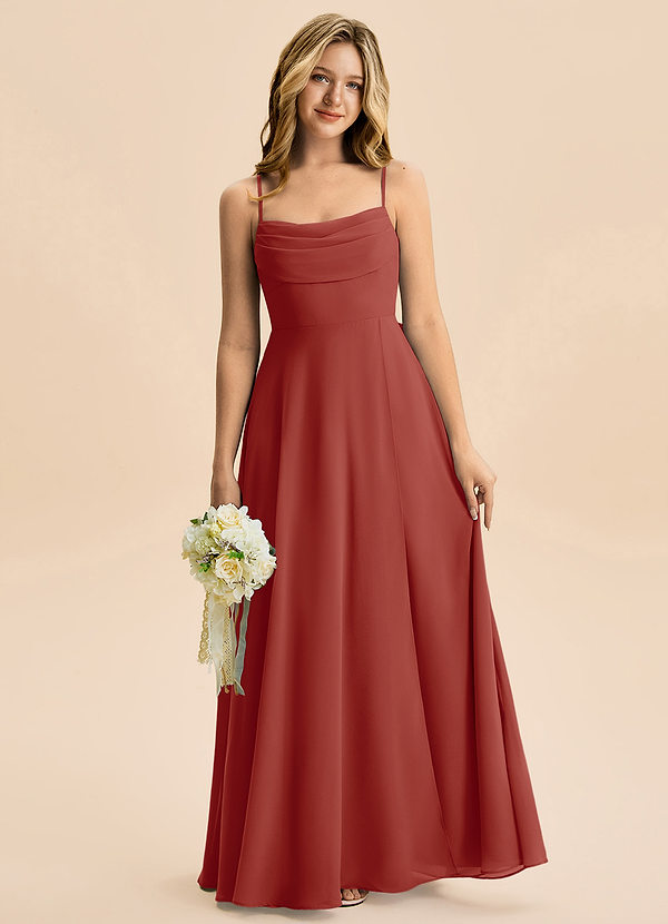 Azazie Bear Junior A라인 주름진 쉬폰 플로어 길이 주니어 신부 들러리 드레스 image1