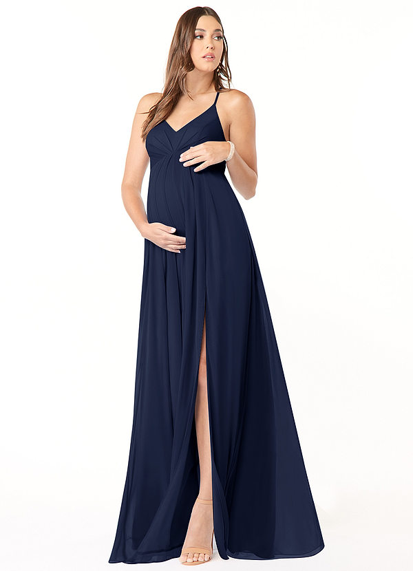 Azazie Annabelle Vestidos de dama de honor para embarazadas Vestido de Acampanado Cuello en V plisado Largo hasta el piso Malla image1
