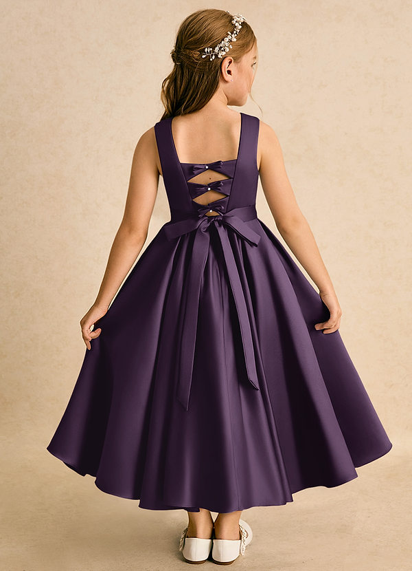 Azazie Junebuj Robes de Fillette d'Honneur Robe Princesse en Mat Satiné Plissée Prune image1