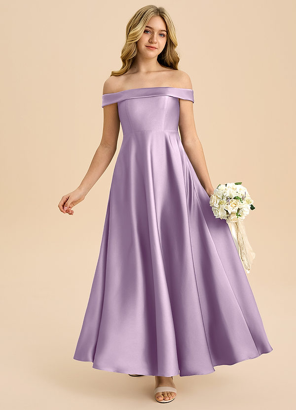 Azazie Sissy Junior Jurk van Stretch Satijn met A-Lijn Off the Shoulder Frosted Lila image1