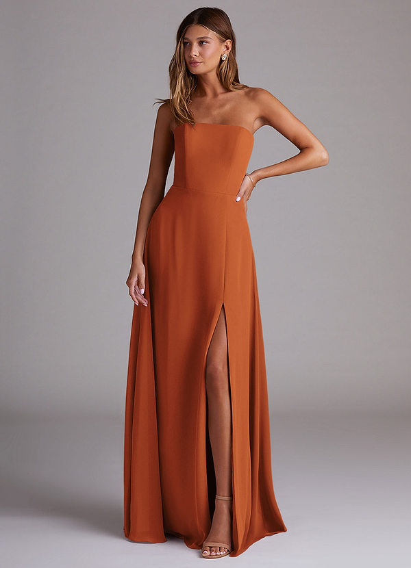 Azazie Wren Bridesmaid Dresses Cinnamon A-Line Side Slit Chiffon Convertible Dress image1