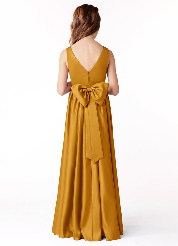 Azazie Hathaway Junior Butterscotch A-Line Bow Stretch Satin Dress image1