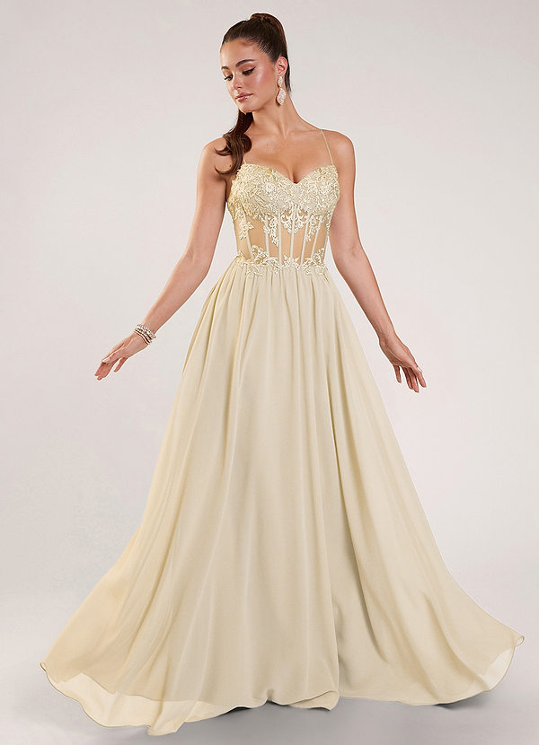 Thalyago Pale Yellow Beading Lace Satin Faced Chiffon Prom Dress image1