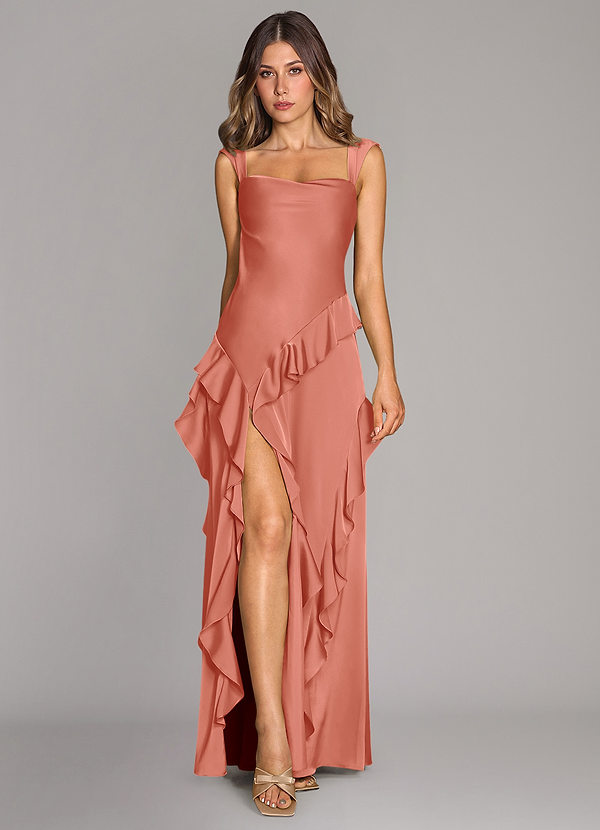 Azazie Sloane Vestidos Dama de Honor Vestido de Rosa Salmón de Satén Elástico de Corte en A con Escote de Corazón image1