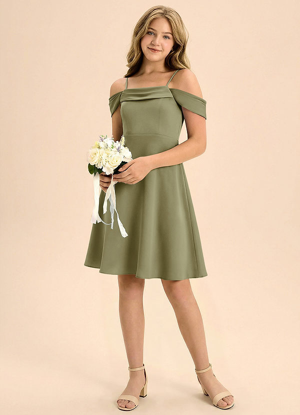 Azazie Anselie Junior Jurk van Stretch Satijn met A-Lijn Geplooid Pistache image1