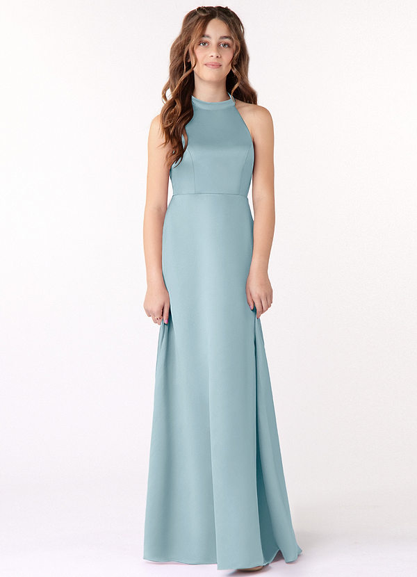 Azazie Laurel Junior Moody Blue A-Line Stretch Satin Dress image1